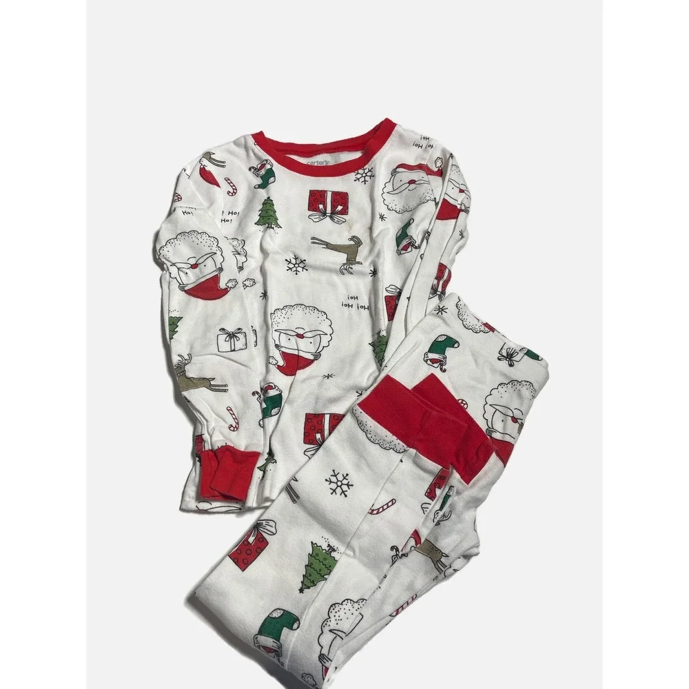 Carter's Pajama Set Kids 6 White Santa Reindeer Christmas Holiday Sleepwear